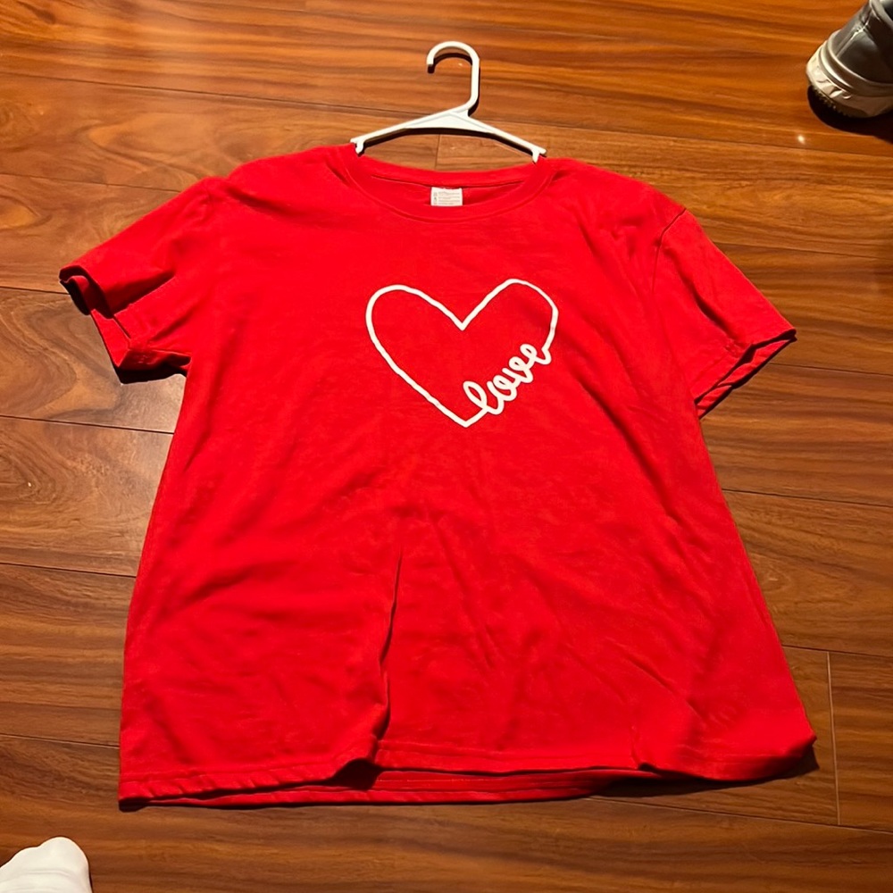 super bright and pretty red tshirt with a heart and love written